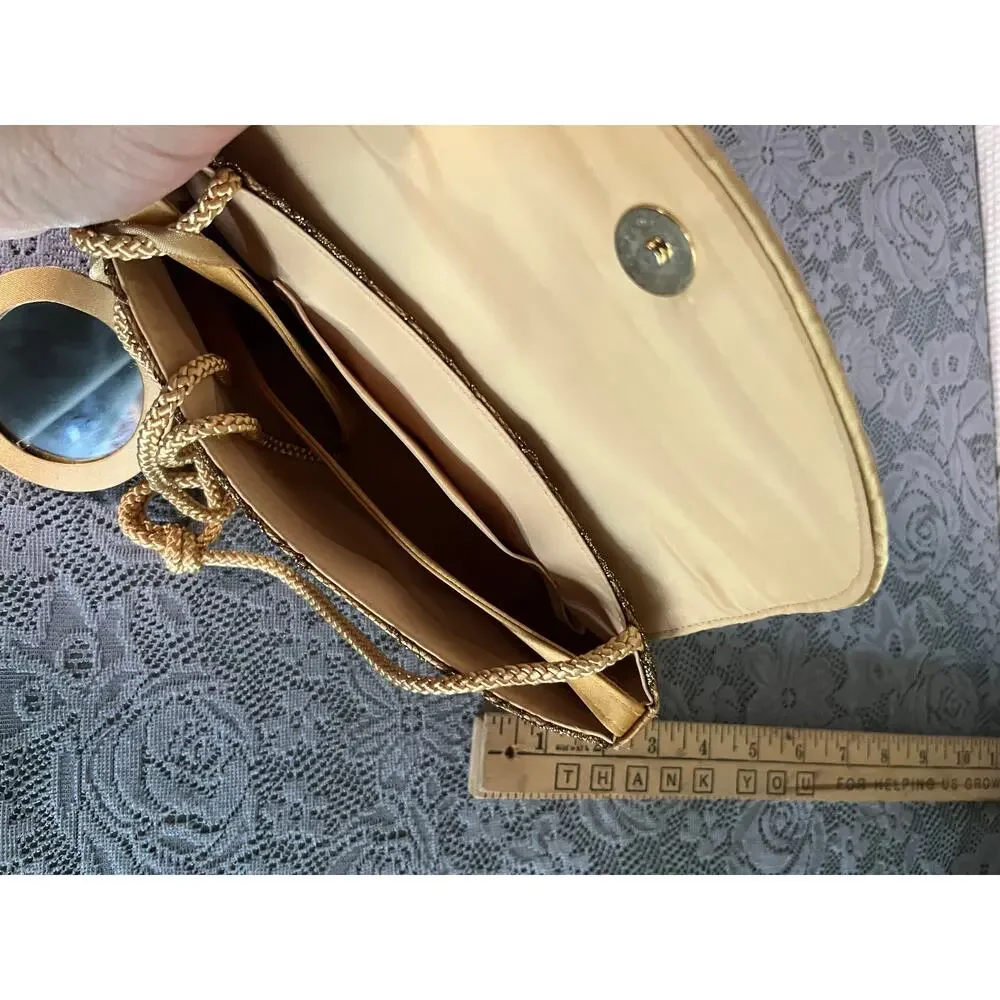 Gold Metallic Lace Evening Clutch Bag Braided Rope Strap Mirror Formal Purse